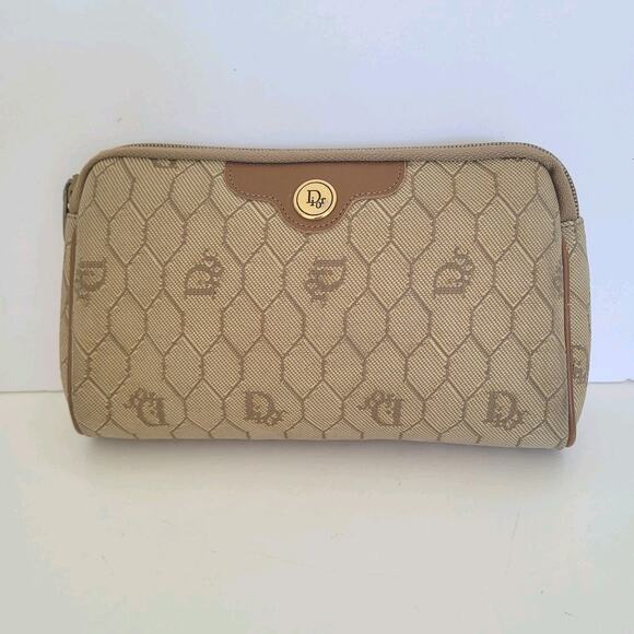 Christian Dior Vintage Honeycomb Beige Tan Cosmetic Travel Bag Small Zip Pouch - Picture 1 of 12